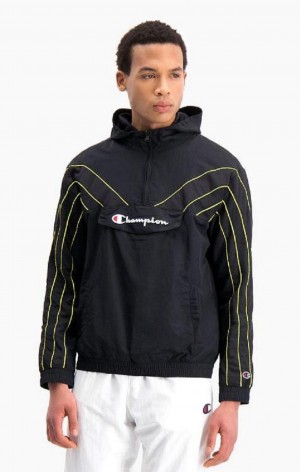 Champion Half Zip-Up Neon Stripe Hooded Track Jacket Men's Hoodie Black | WYKDC-5280