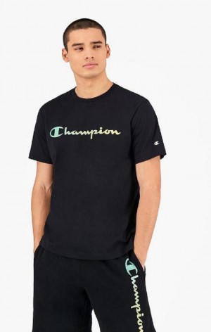 Champion Rainbow Script Logo T-Shirt Men's T Shirts Black | JSUWY-0817