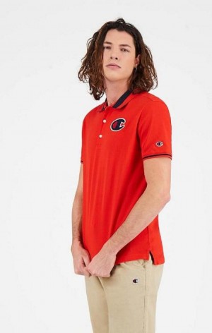 Champion Satin C Logo Polo Shirt Men's T Shirts Red | QUEXK-1064
