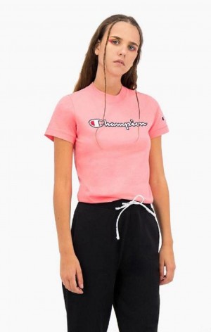 Champion Satin Stitch Script Logo T-Shirt Women's T Shirts Pink | PYKAD-4253