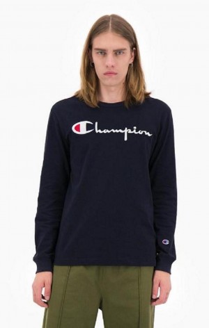 Champion Script Logo Jersey Sweatshirt Men's Sweatshirts Dark Blue | FOTKB-6417