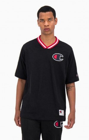 Champion Stripe Collar V Neck T-Shirt Men's T Shirts Black | NTGFP-4251