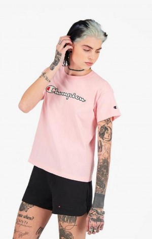 Champion Vintage Script Logo Crew Neck T-Shirt Women's T Shirts Pink | QCBLH-8150