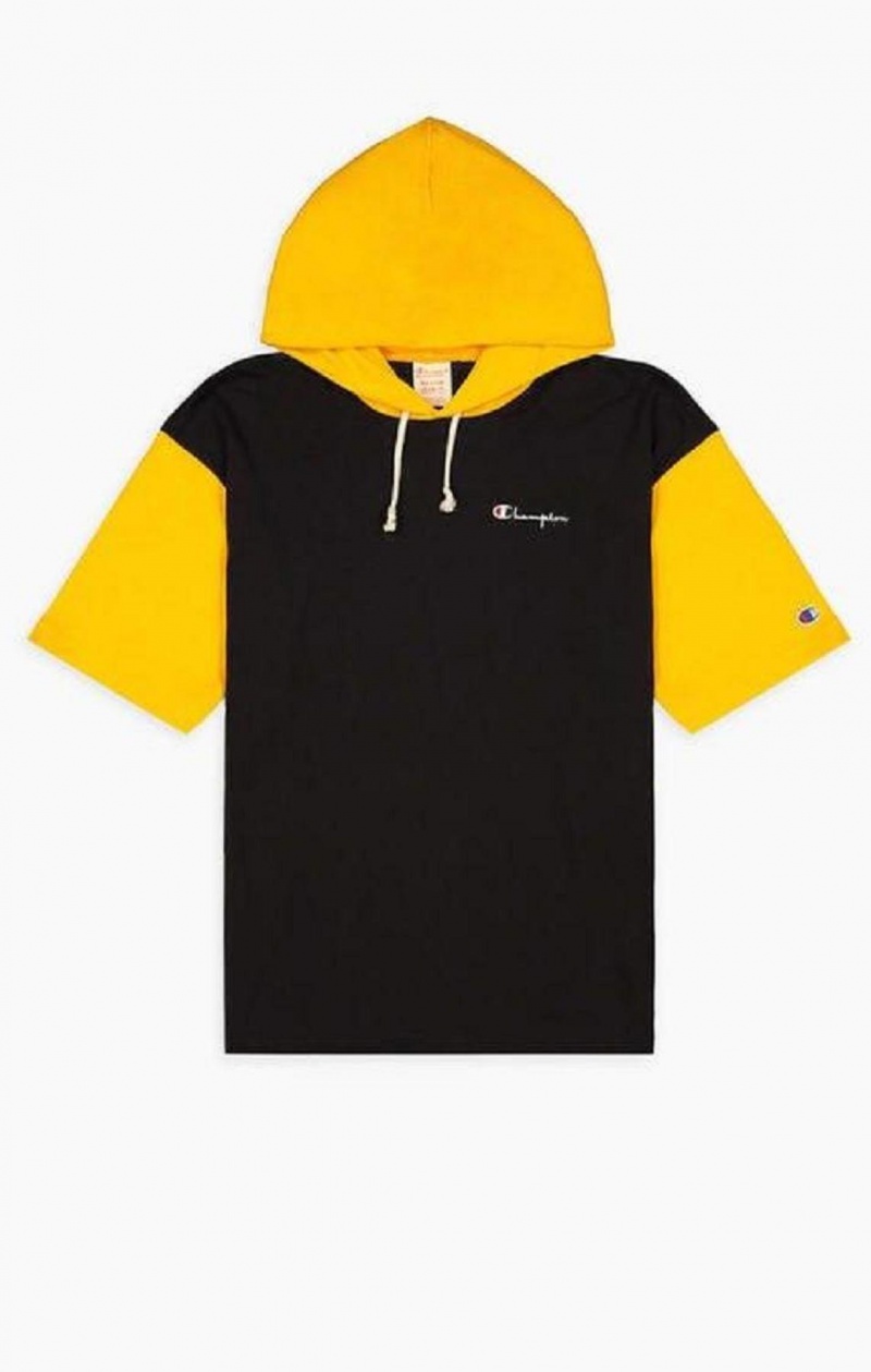 Champion Hooded Colour Block Script Logo T-Shirt Men's T Shirts Black | RADPW-3728